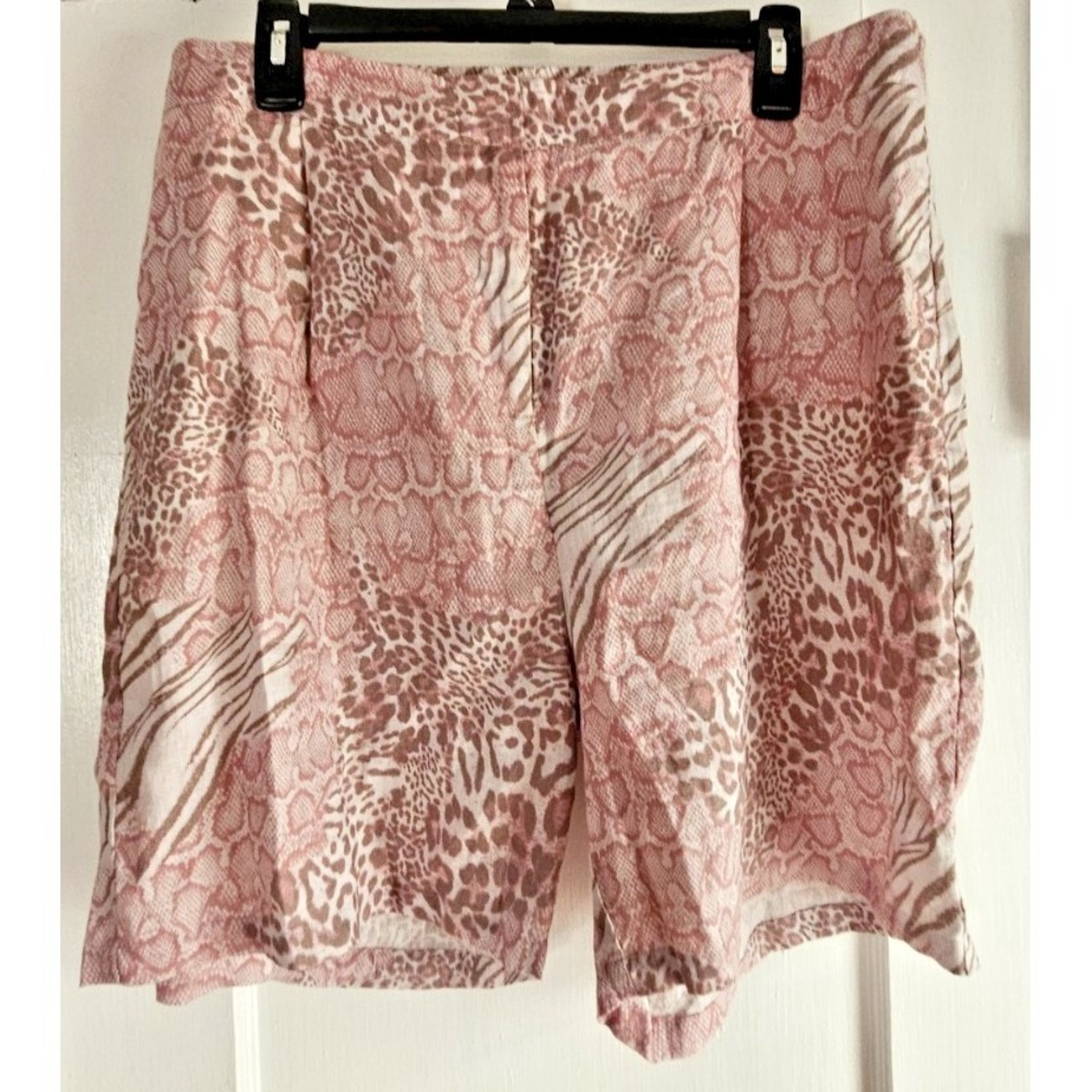 JOHNNY WAS Jayla 100% linen animal print shorts womens L zip pleat high rise